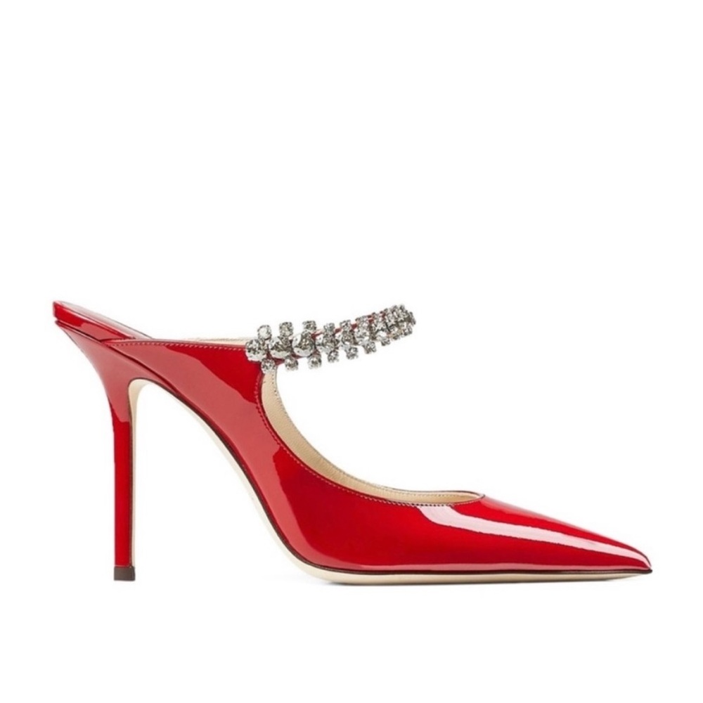 ♥️Red Patent Leather Jimmy Choo Mules with Crystal Strap